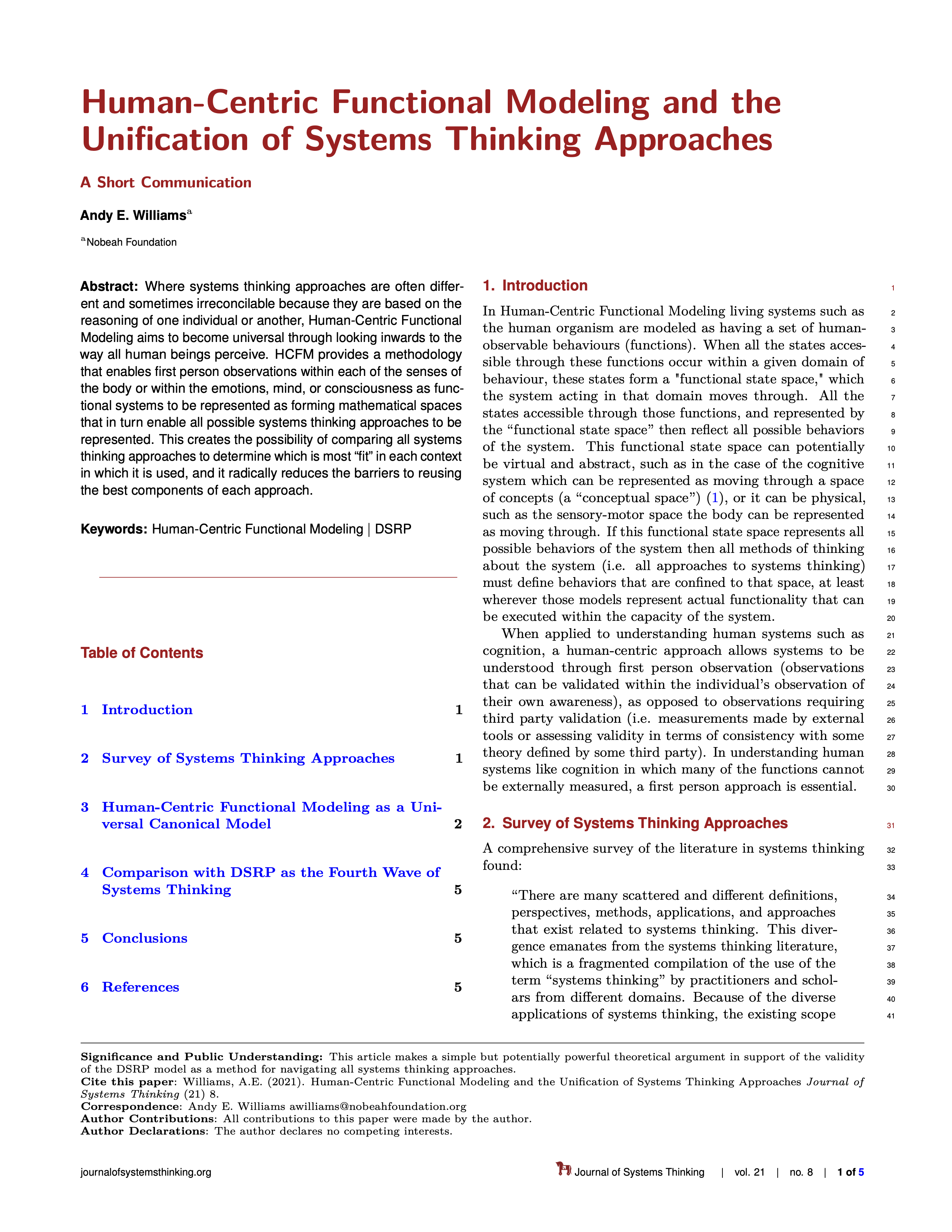 Human-Centric Functional Modeling and the Unification of Systems Thinking Approaches by Williams